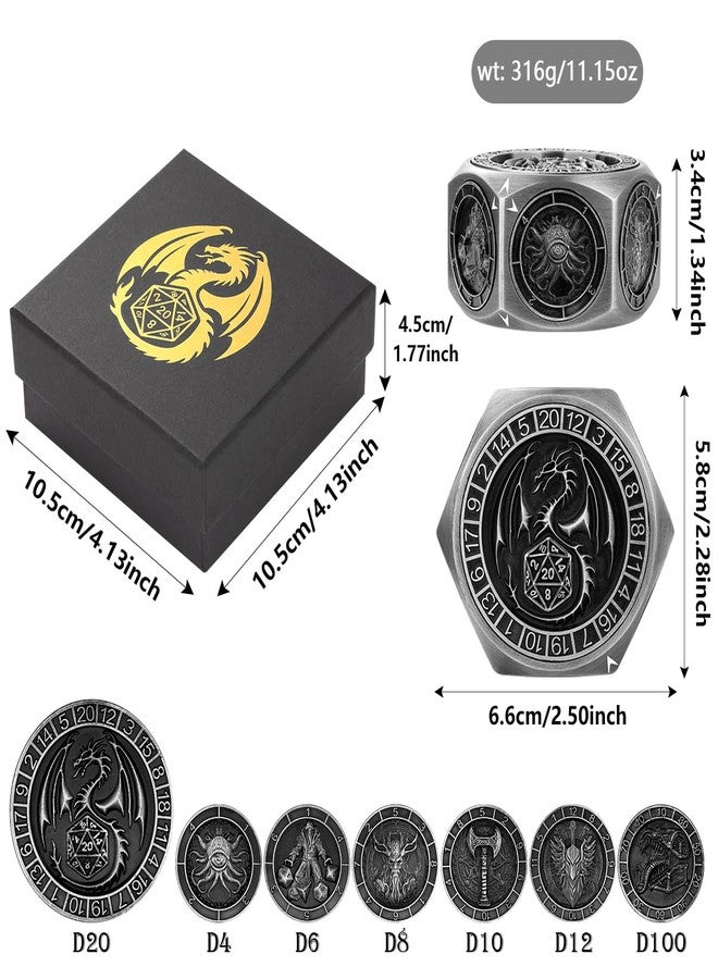 DND DADO DND Spinner Dice, 3D Hexagon Relief, 8-in-1 Metal Dice Set, D&D Polyhedral Rotating Game Dice, DND Gifts with Dragon Logo Gift Box, Role Play Board Game Accessories, Dark Silver - Image 3